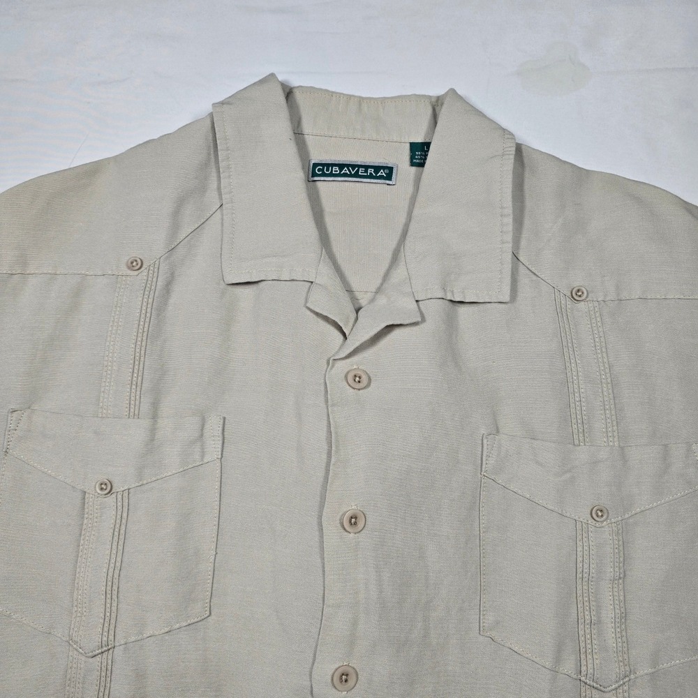 Cubavera Guayabera Camp Shirt Linen Look‎ Resort Casual Men's Large Tan